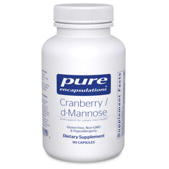 Pure Encapsulations Cranberry D-Mannose bottle front shows vegan, non-GMO capsules for urinary tract support.