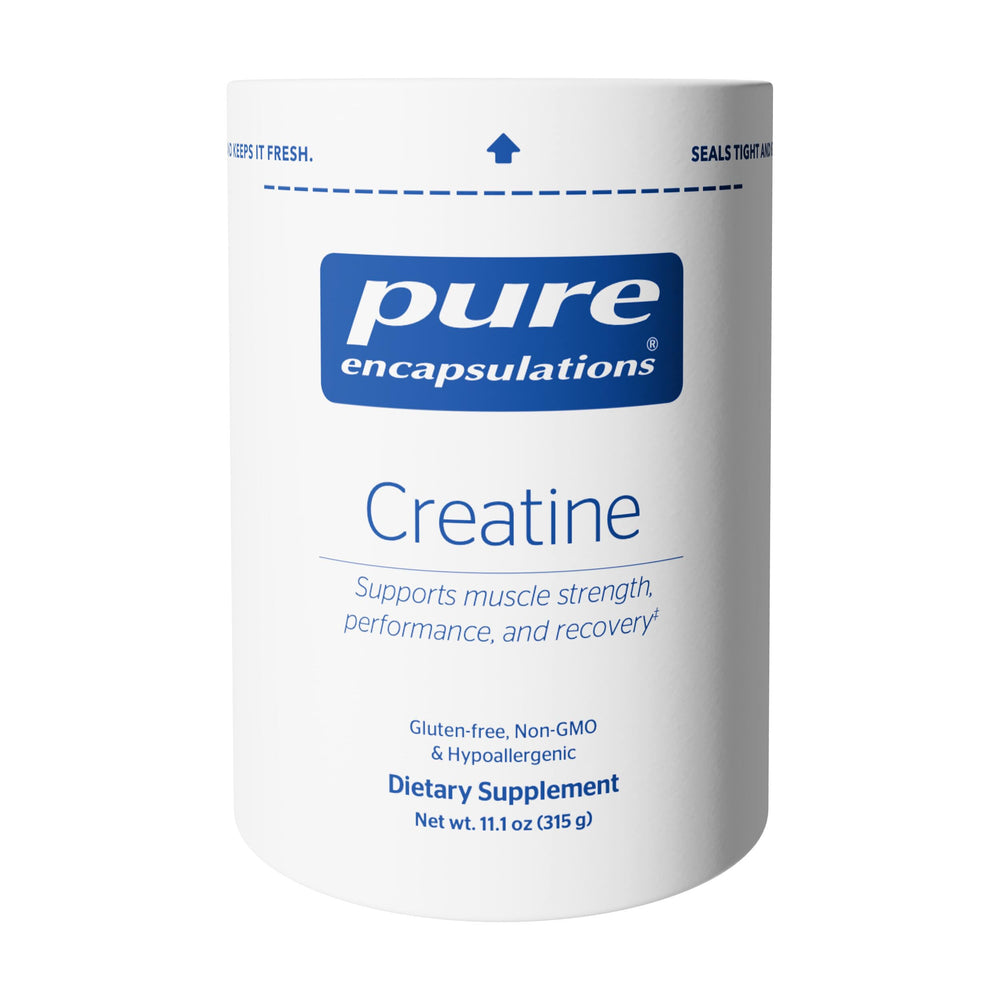Pure Encapsulations Creatine bottle label shows branding and performance support.