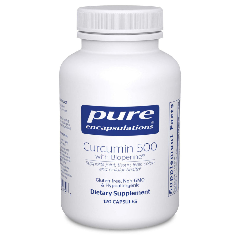 Pure Encapsulations Curcumin 500 with Bioperine bottle supports antioxidant defense.