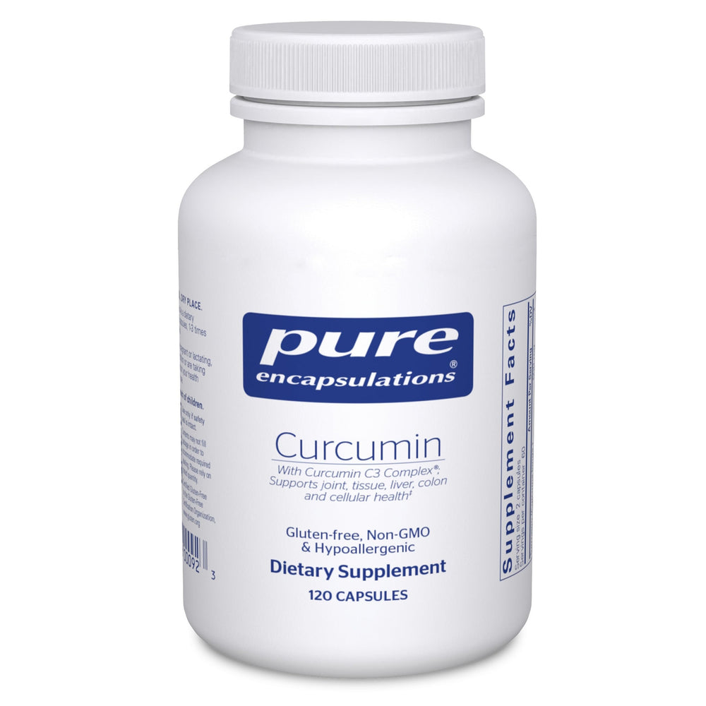 Pure Encapsulations Curcumin 500mg bottle shows joint and liver support potential.