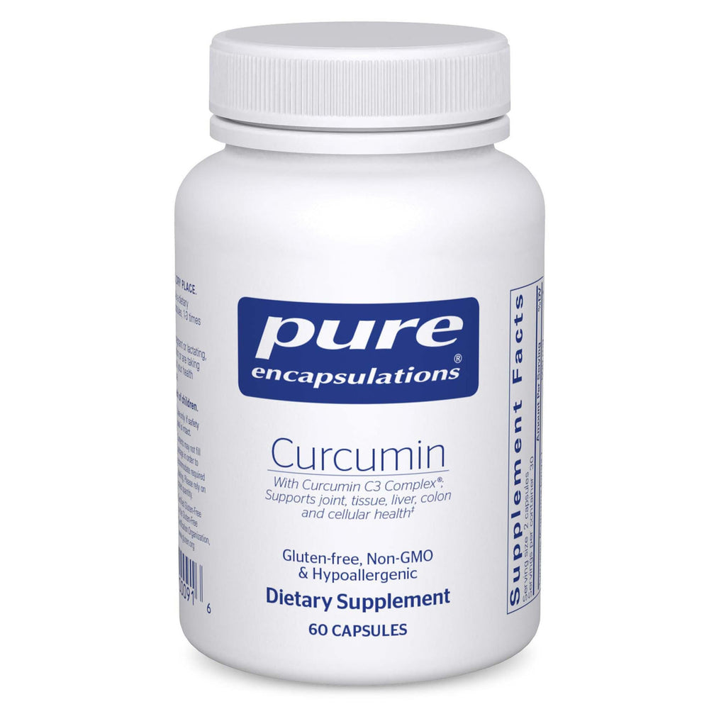 Pure Encapsulations Curcumin bottle demonstrating vegan, non-GMO supplement for joint and liver support.