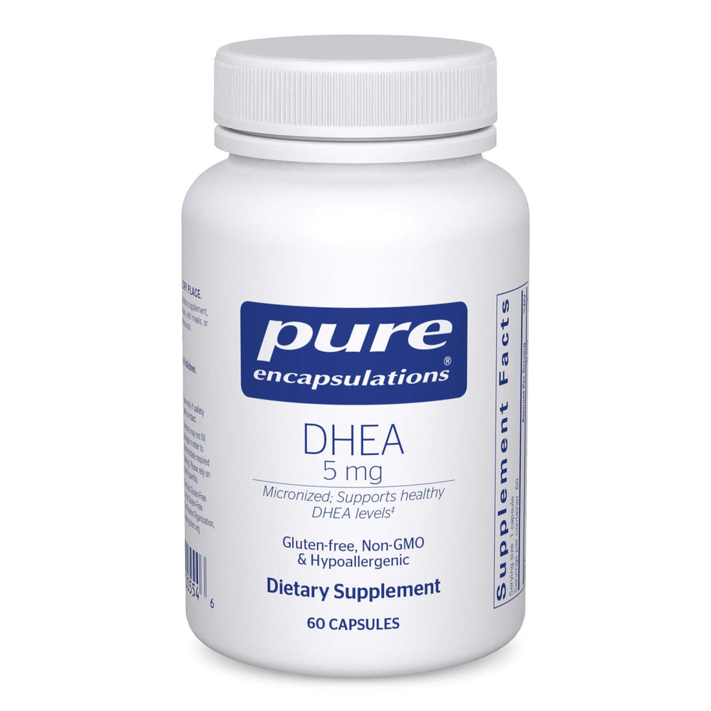 Pure Encapsulations DHEA 5 mg bottle—a potential aid for hormonal balance in daily wellness.