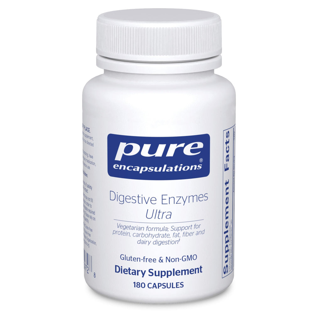 Pure Encapsulations Digestive Enzymes Ultra bottle aids protein and dairy digestion after meals.