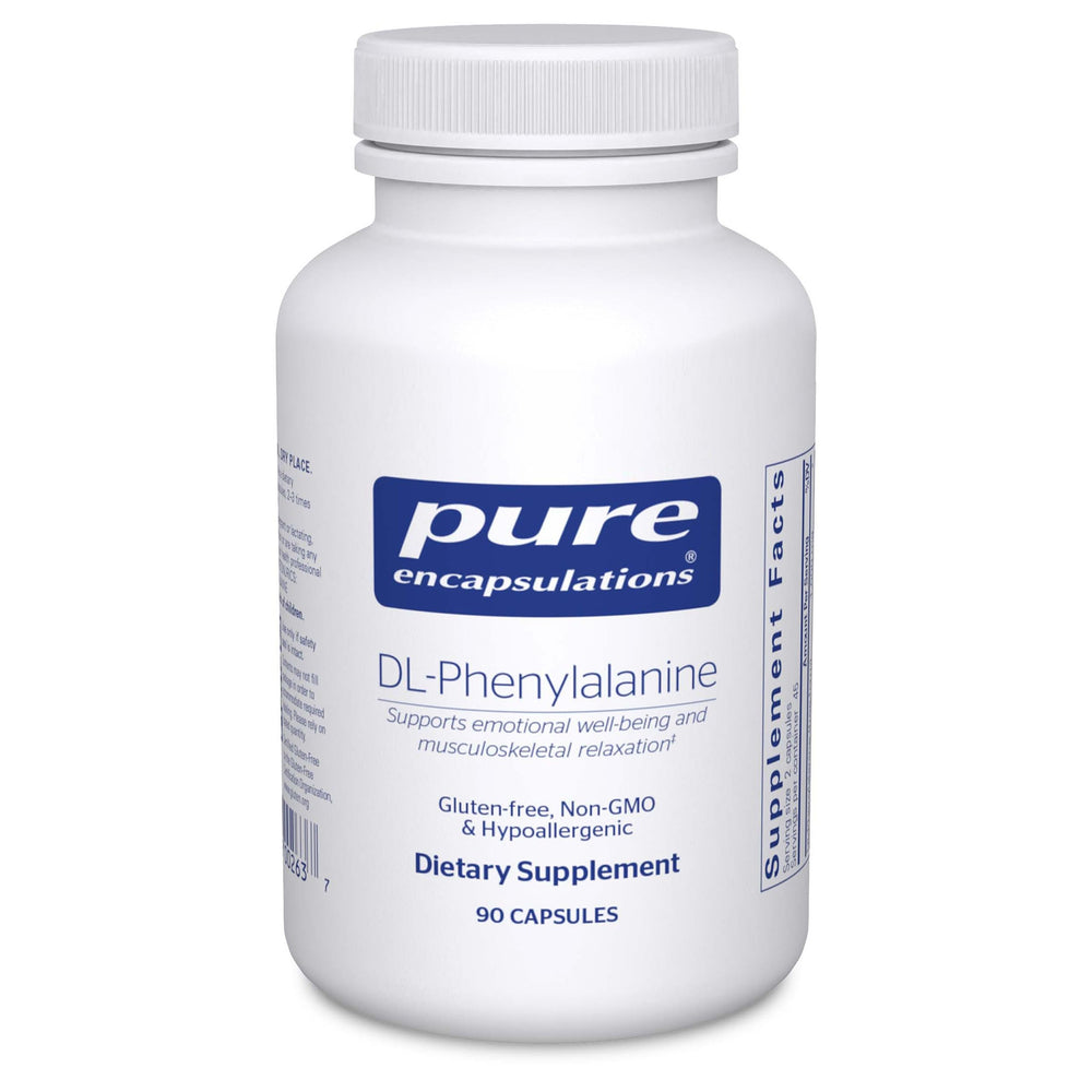 Pure Encapsulations DL-Phenylalanine bottle close-up showing trusted quality for cognitive support.