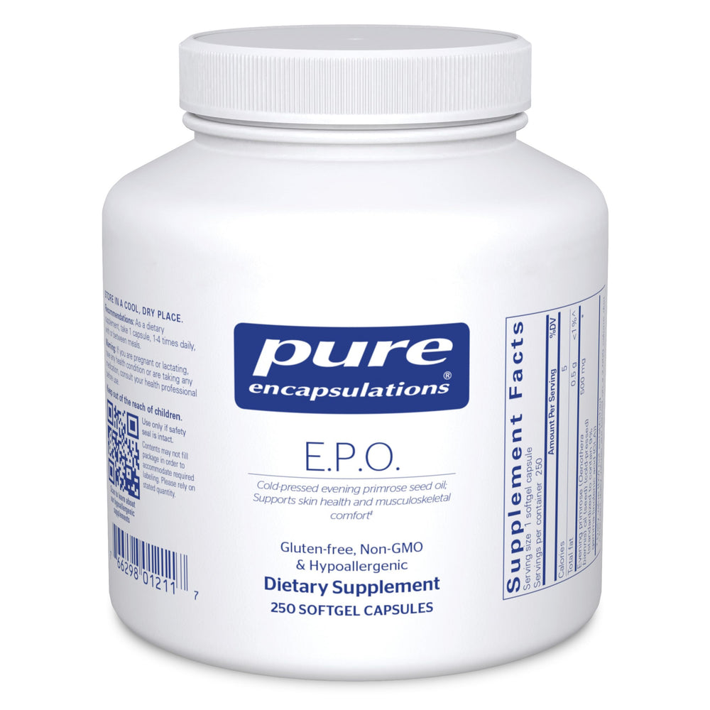 Pure Encapsulations E.P.O. softgel bottle on white surface for skin health support.