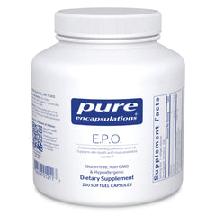 Pure Encapsulations E.P.O. softgel bottle on white surface for skin health support.