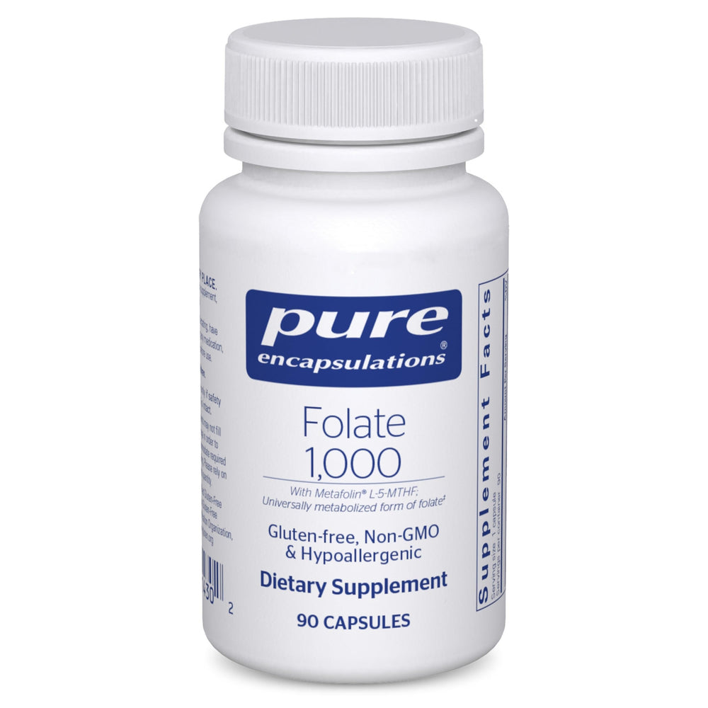 Pure Encapsulations Folate 1000 bottle front indicating heart health potential