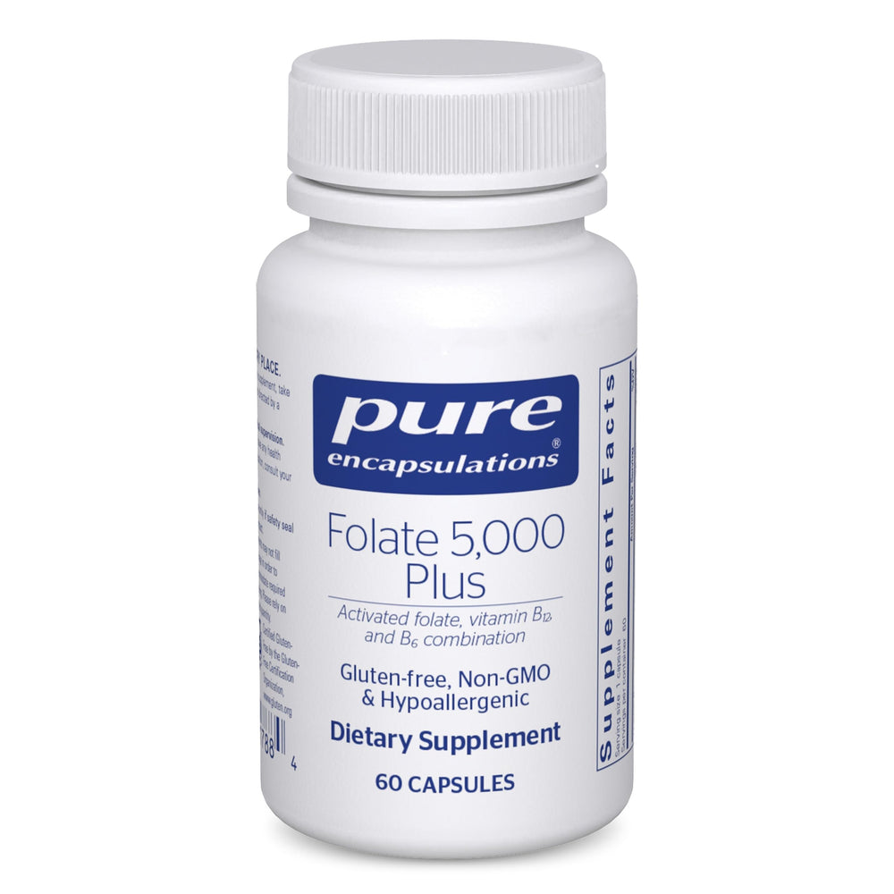 Pure Encapsulations Folate 5,000 Plus bottle front view supports clear dosage reference.