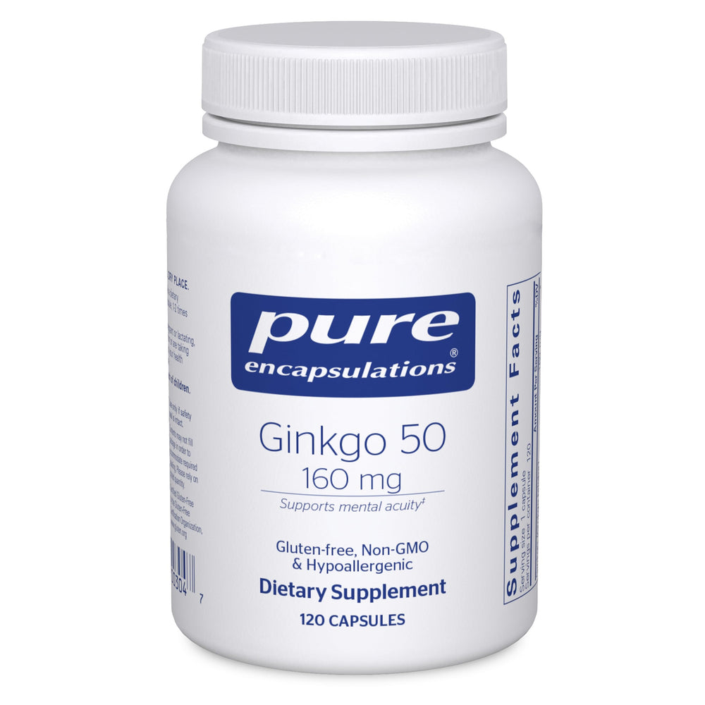 Pure Encapsulations Ginkgo 50-160mg bottle close-up for cognitive focus and blood-flow support.