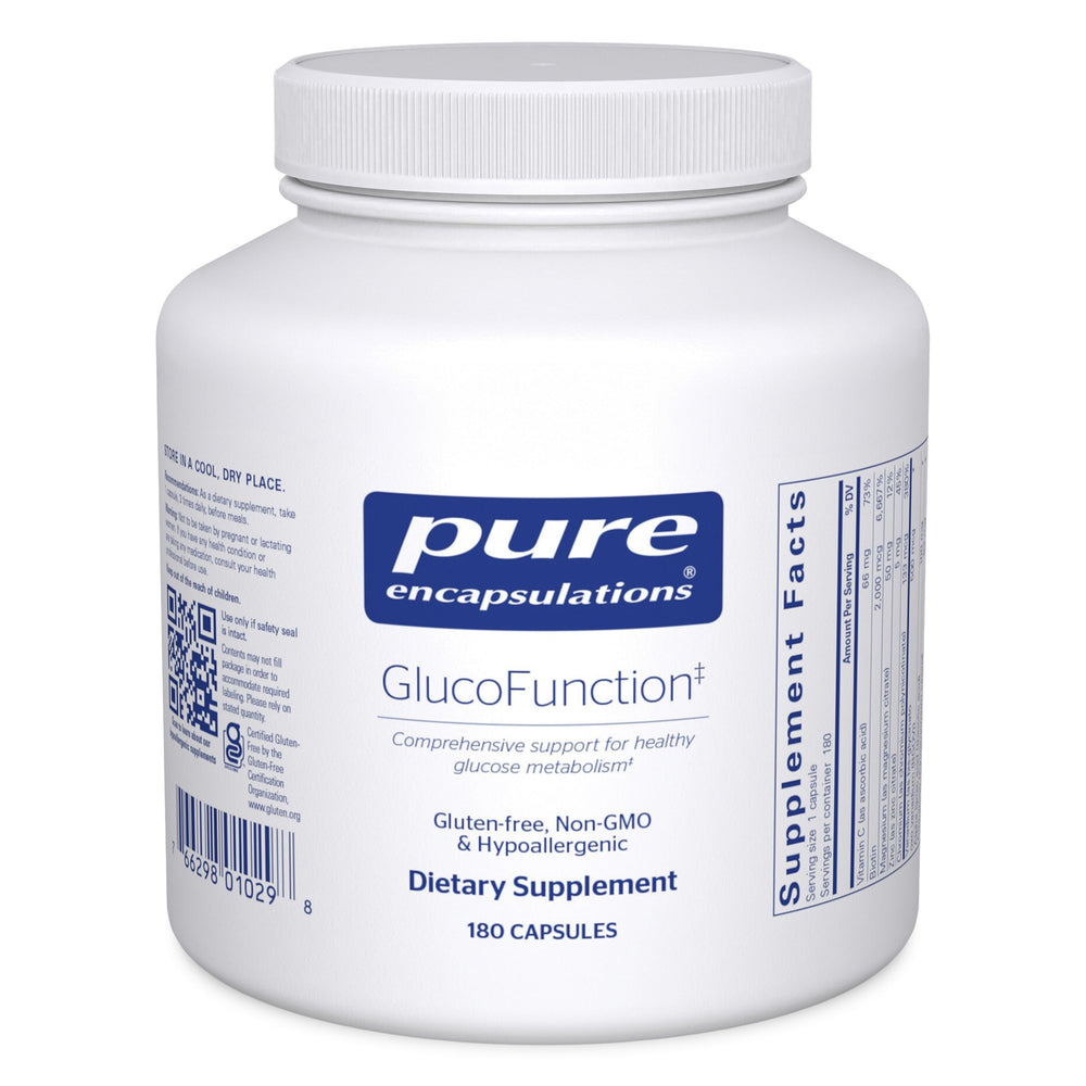 Pure Encapsulations GlucoFunction bottle front for premium metabolic support.