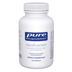 Pure Encapsulations GlucoFunction bottle shows balanced carbohydrate metabolism support.