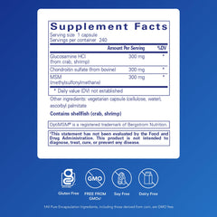 Capsules closeup shows 300 mg glucosamine and chondroitin per serving for joint care.