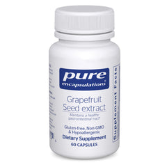 Pure Encapsulations Grapefruit Seed Extract bottle with label highlighting pure ingredients for gut support.