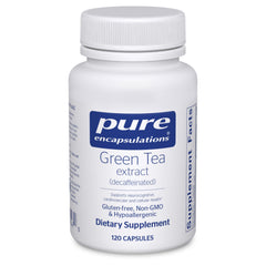 Pure Encapsulations Green Tea Extract decaf bottle showcasing antioxidant support.