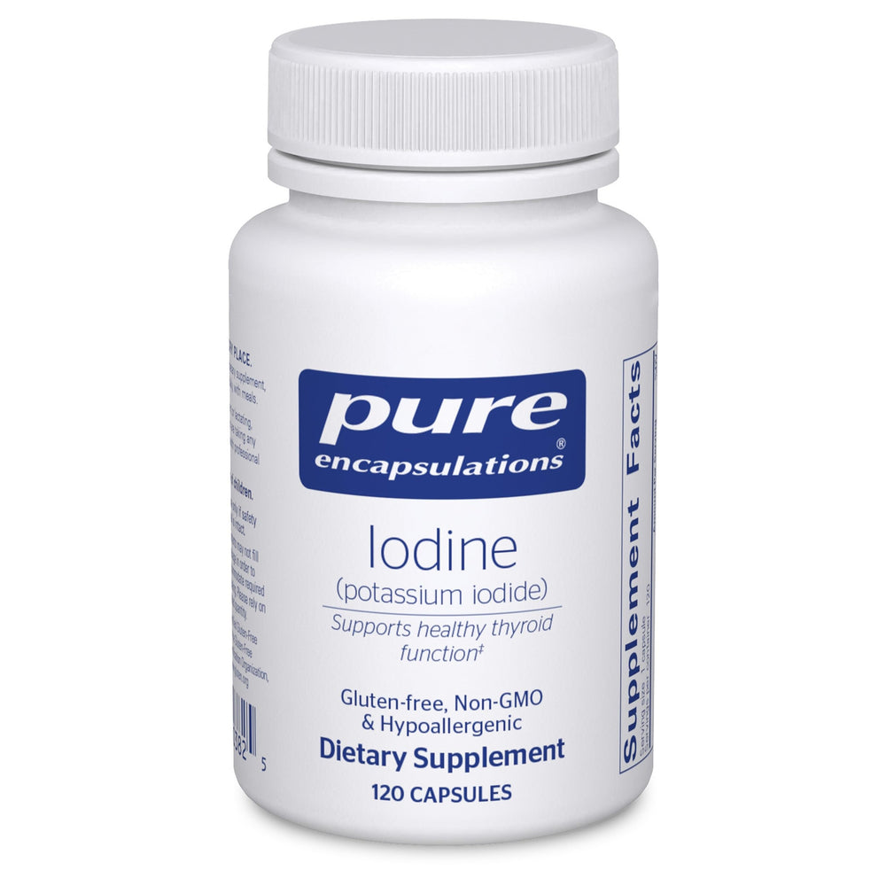 Pure Encapsulations Iodine bottle close-up signaling thyroid support and premium quality.