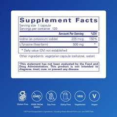 Capsules closeup of Pure Encapsulations Iodine and Tyrosine showing hypoallergenic formula