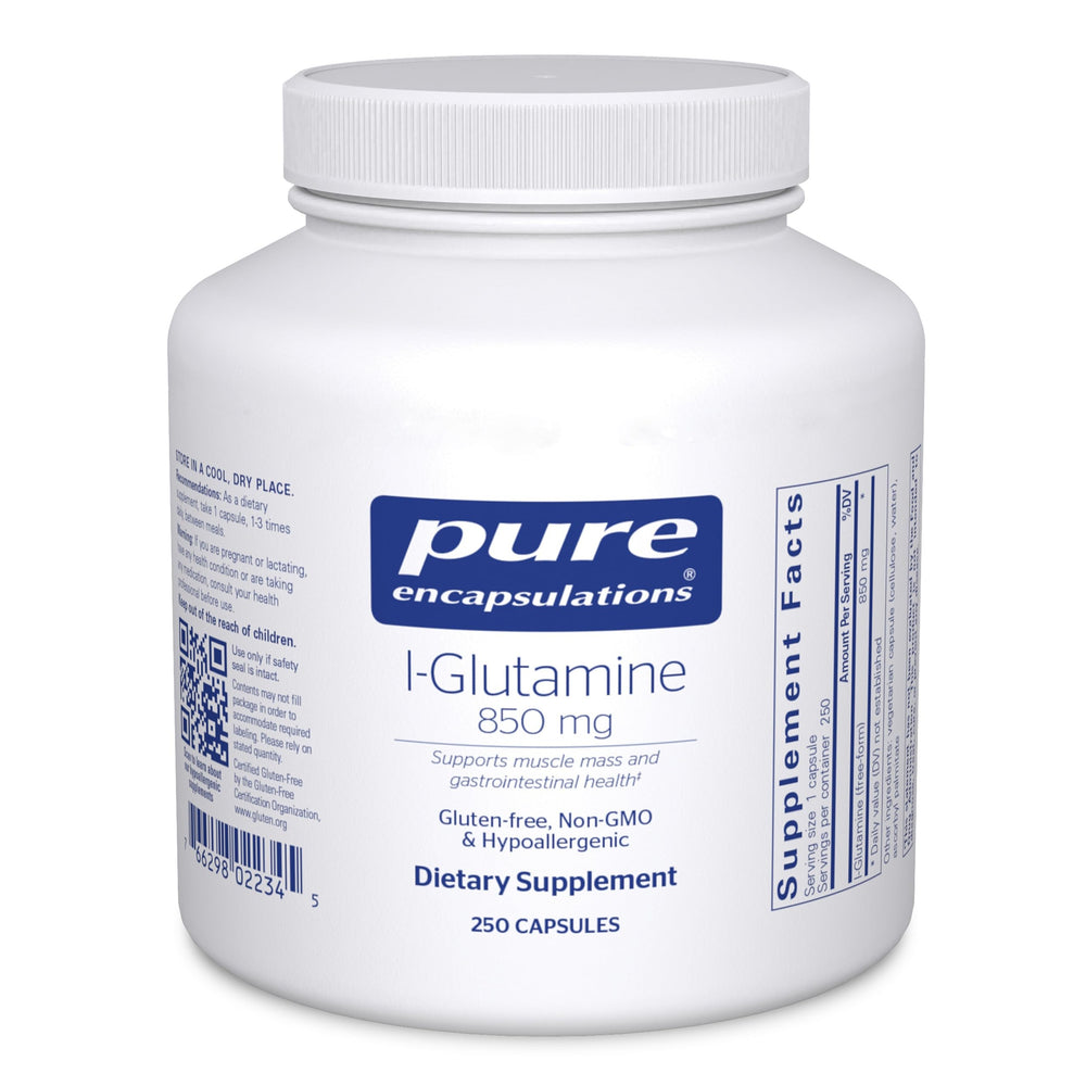 Pure Encapsulations L-Glutamine bottle with capsules supporting gut lining health.