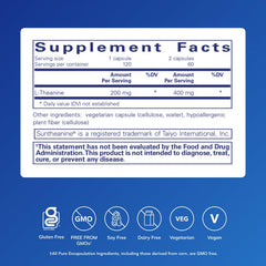 Pure Encapsulations L-Theanine bottle label highlighting allergen-free, pure ingredient formula