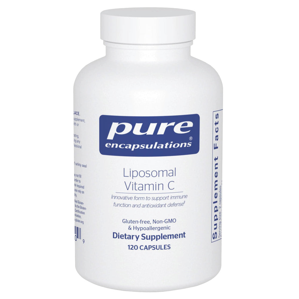 Pure Encapsulations liposomal vitamin C capsule closeup highlighting enhanced absorption for daily use.