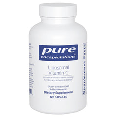 Pure Encapsulations liposomal vitamin C capsule closeup highlighting enhanced absorption for daily use.