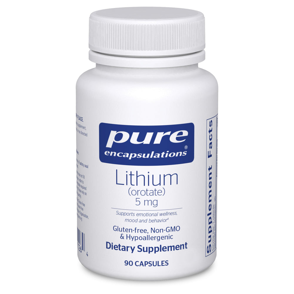 Pure Encapsulations Lithium Orotate 5 mg bottle on display supports daily brain health goals.