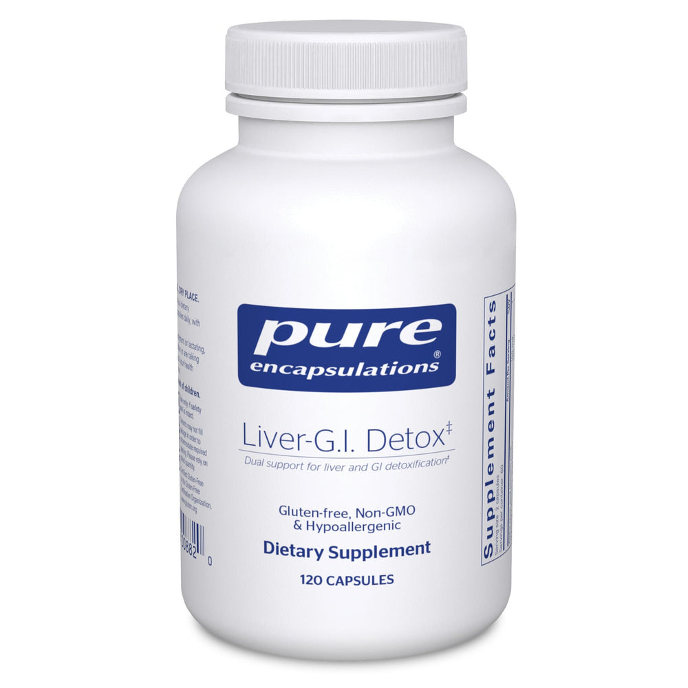 Pure Encapsulations Liver-G.I. Detox bottle highlights gluten-free formula and detox support