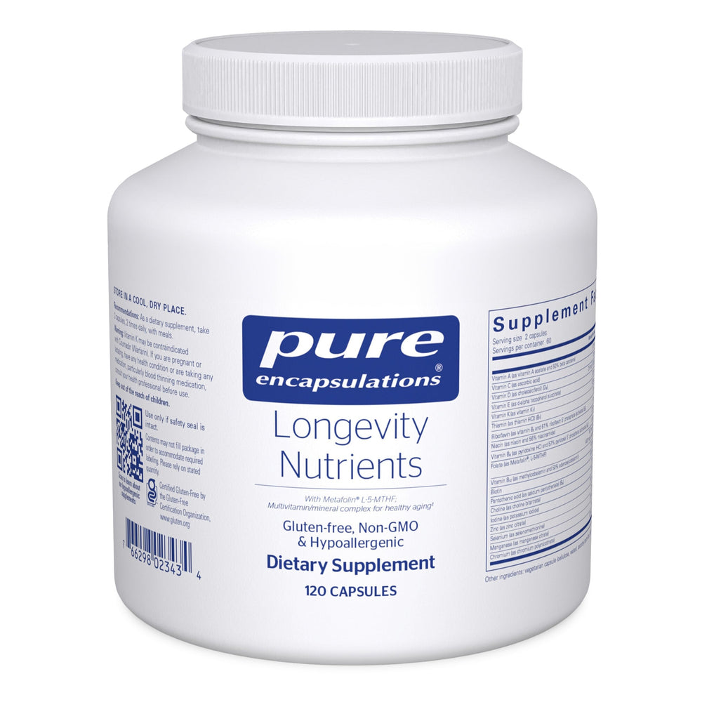 Pure Encapsulations Longevity Nutrients bottle front view for healthy aging support.