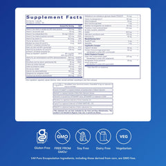Pure Encapsulations Longevity Nutrients label closeup showing ingredients for brain and eye support