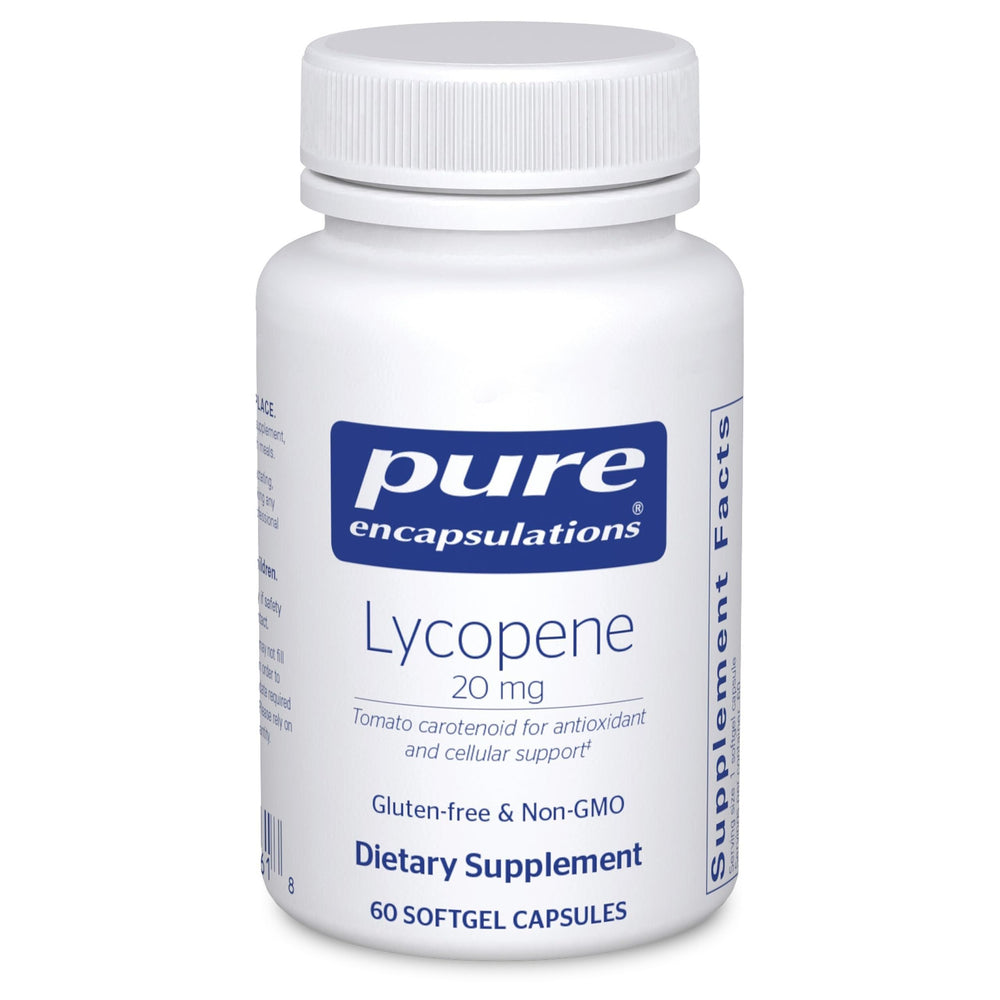 Pure Encapsulations Lycopene 20 mg softgel bottle promoting cellular and eye health.