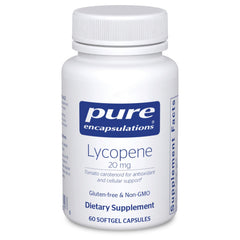 Pure Encapsulations Lycopene 20 mg softgel bottle promoting cellular and eye health.