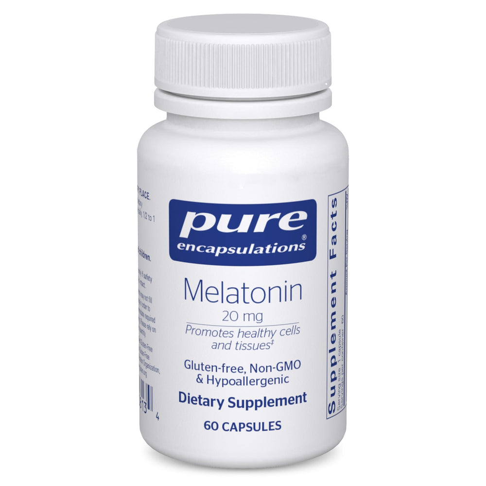 Pure Encapsulations Melatonin 20 mg bottle showing long-term purity for immune wellness.