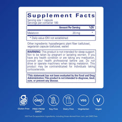 Melatonin capsules image showing 20 mg dose for tissue wellness.