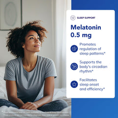 Melatonin 0.5 mg label highlighting vegan and non-GMO status.