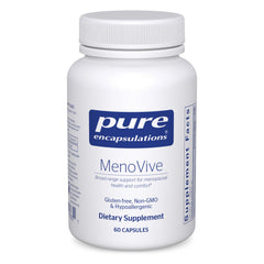Pure Encapsulations MenoVive bottle close-up for menopausal comfort.
