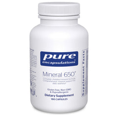 Pure Encapsulations Mineral 650 bottle and label showing hypoallergenic mineral blend.