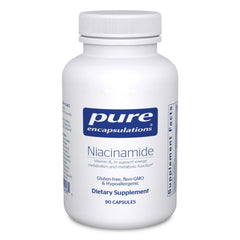 Pure Encapsulations Niacinamide bottle on shelf for daily metabolic support.