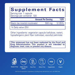 Pure Encapsulations Niacitol 500 mg bottle label shows ingredients and no-flush design.
