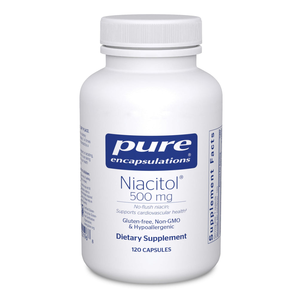 Pure Encapsulations Niacitol 500 mg capsule close-up highlighting quality and purity.
