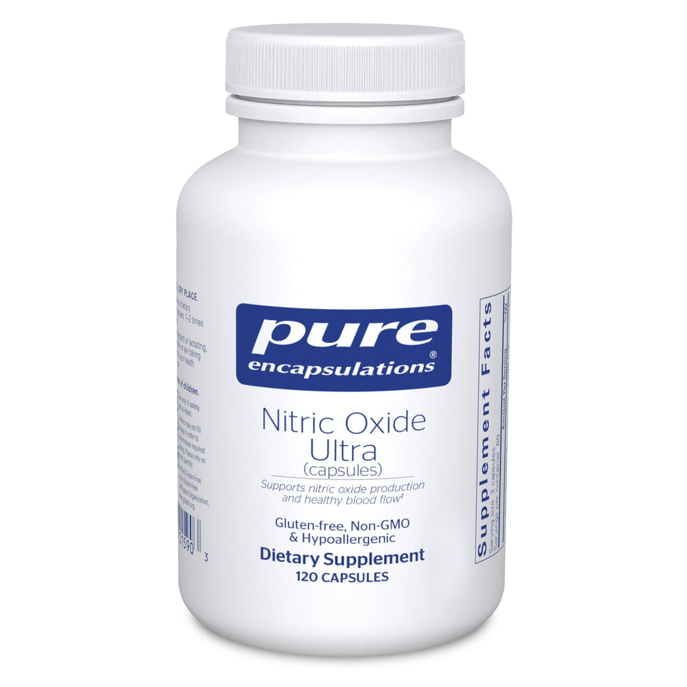 Pure Encapsulations Nitric Oxide Ultra bottle highlighting vascular support for daily wellness.