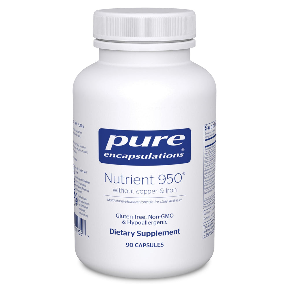 Pure Encapsulations Nutrient 950 bottle front view highlights hypoallergenic multivitamin.