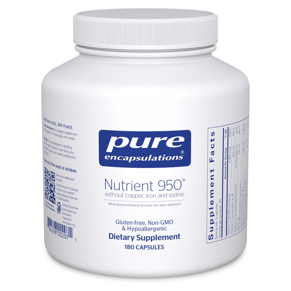 Pure Encapsulations Nutrient 950 bottle with clear label, highlighting antioxidant benefits
