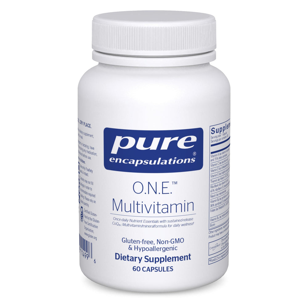 Pure Encapsulations O.N.E. multivitamin bottle pour showing daily capsule routine