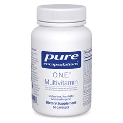 Pure Encapsulations O.N.E. multivitamin bottle pour showing daily capsule routine