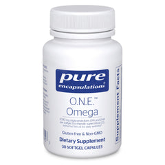 Pure Encapsulations O.N.E. Omega bottle on table for convenient daily fish oil.