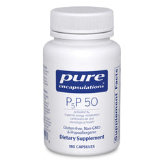 Pure Encapsulations P5P 50 bottle front view showing gluten-free, non-GMO formula for energy support