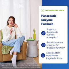 Closeup of Pure Encapsulations Pancreatic Enzyme Formula capsules emphasizing acid-resistant delivery.