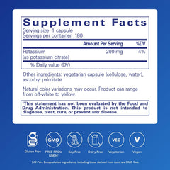 Pure Encapsulations Potassium Citrate bottle label highlighting allergen-free formulation.