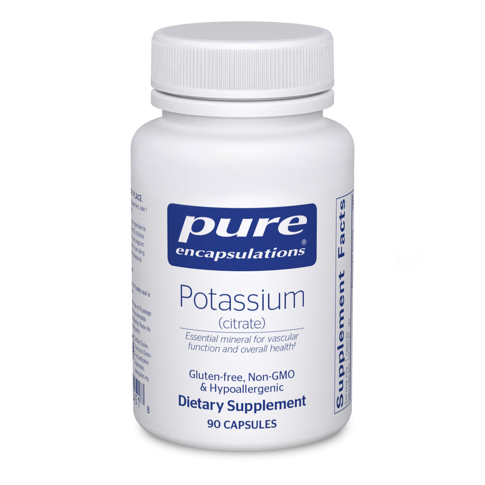 Pure Encapsulations Potassium Citrate bottle emphasizes electrolyte balance for daily vitality.