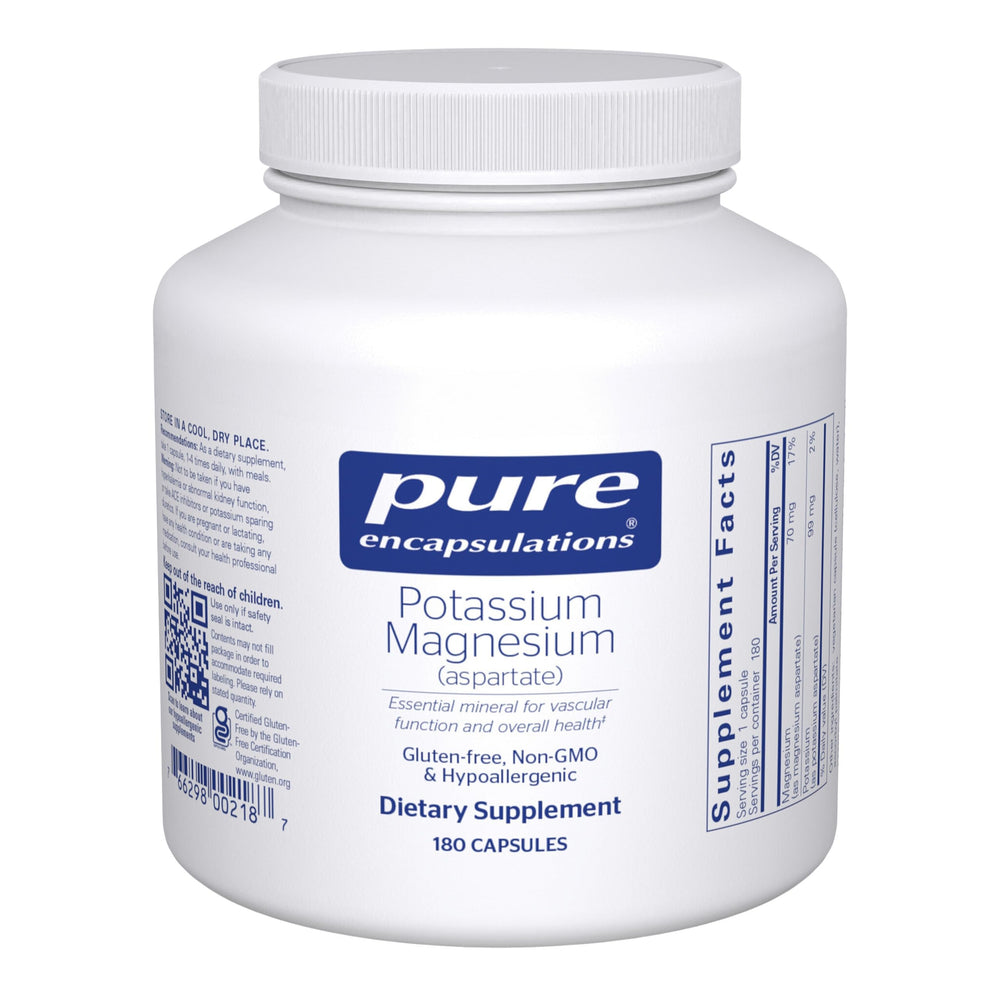 Pure Encapsulations Potassium Magnesium (Aspartate) bottle highlighting heart and muscle support.
