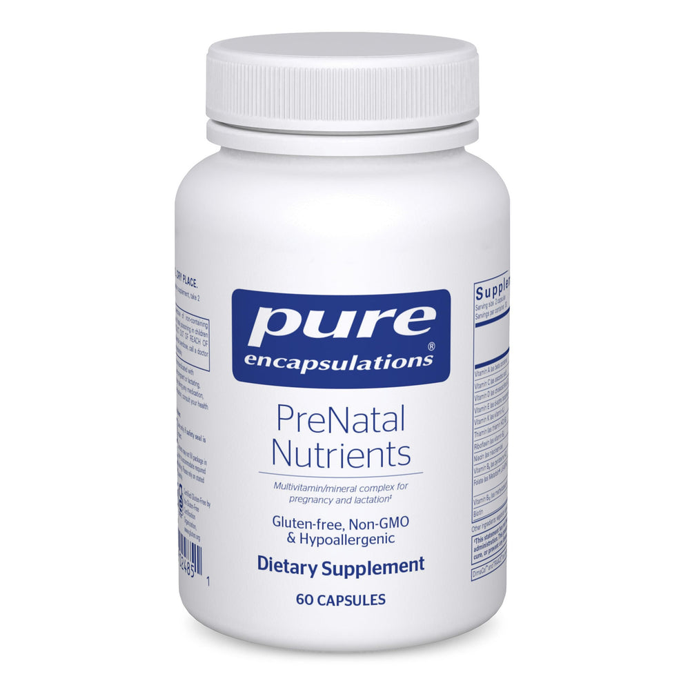 Pure Encapsulations PreNatal bottle front signals daily prenatal support for pregnancy wellness.
